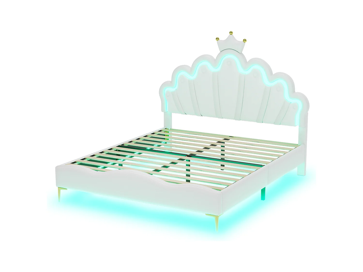 Lit enfant 140x200cm avec LED et tête de lit en forme de couronne, lit princesse en PU blanc, sans matelas