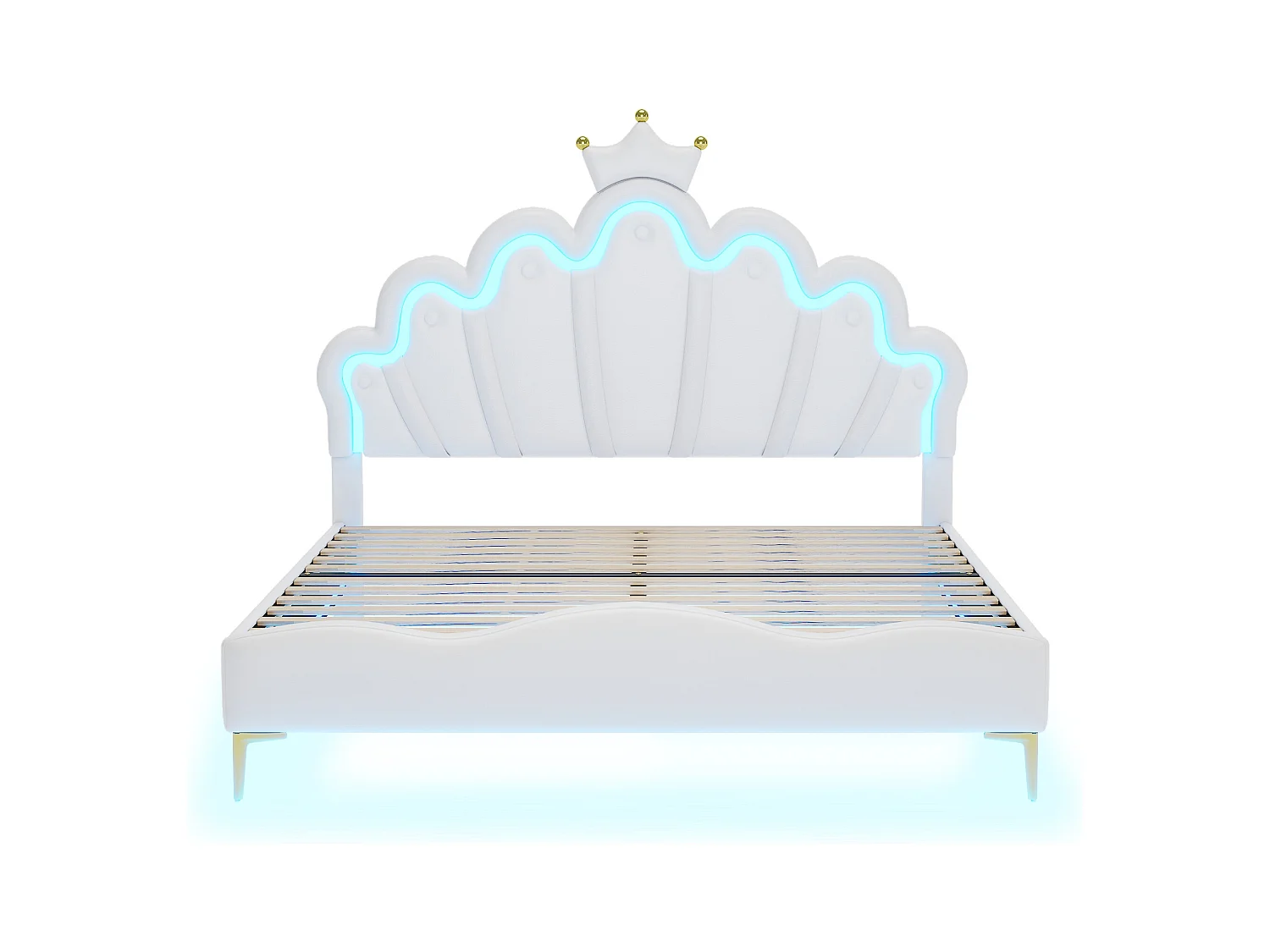 Lit enfant 140x200cm avec LED et tête de lit en forme de couronne, lit princesse en PU blanc, sans matelas
