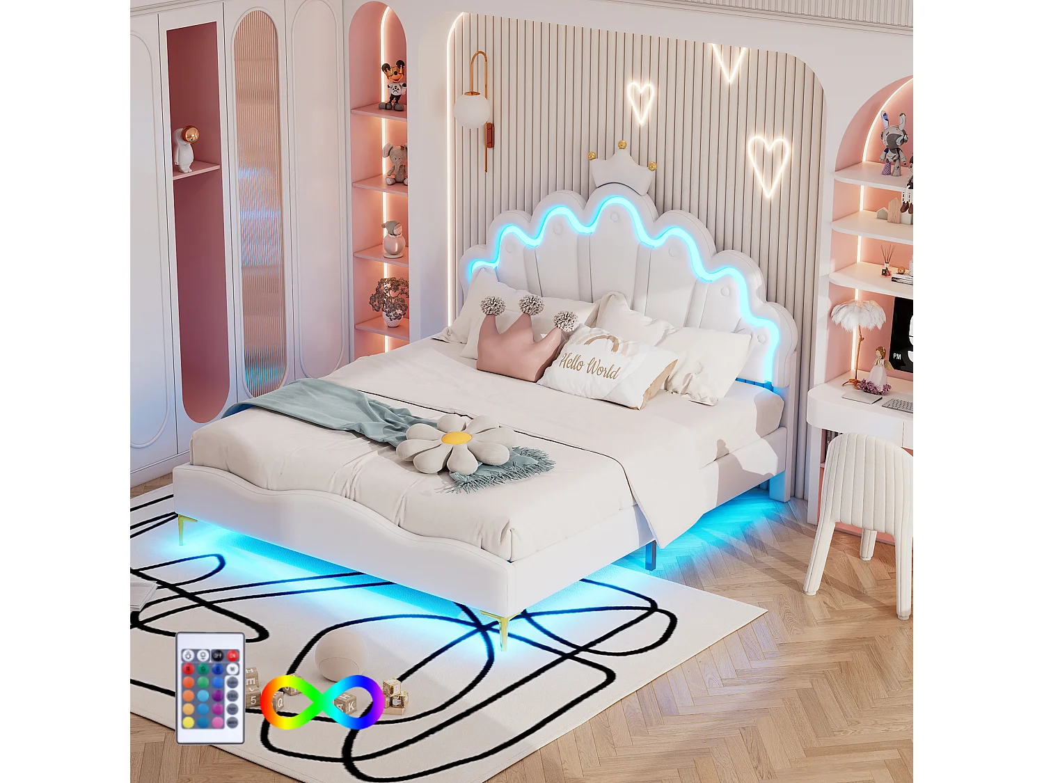 Cama infantil 140x200 cm com LED e cabeceira em forma de coroa, cama princesa PU branca, sem colchão