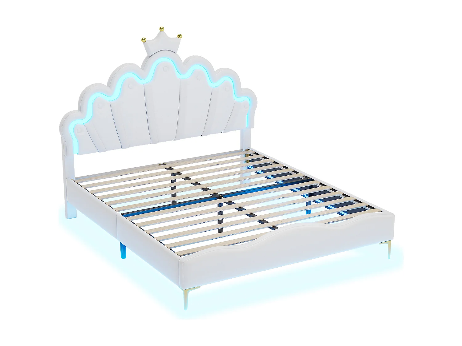 Cama infantil 140x200 cm com LED e cabeceira em forma de coroa, cama princesa PU branca, sem colchão
