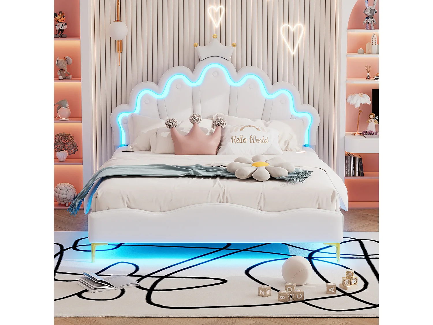 Cama infantil 140x200 cm com LED e cabeceira em forma de coroa, cama princesa PU branca, sem colchão