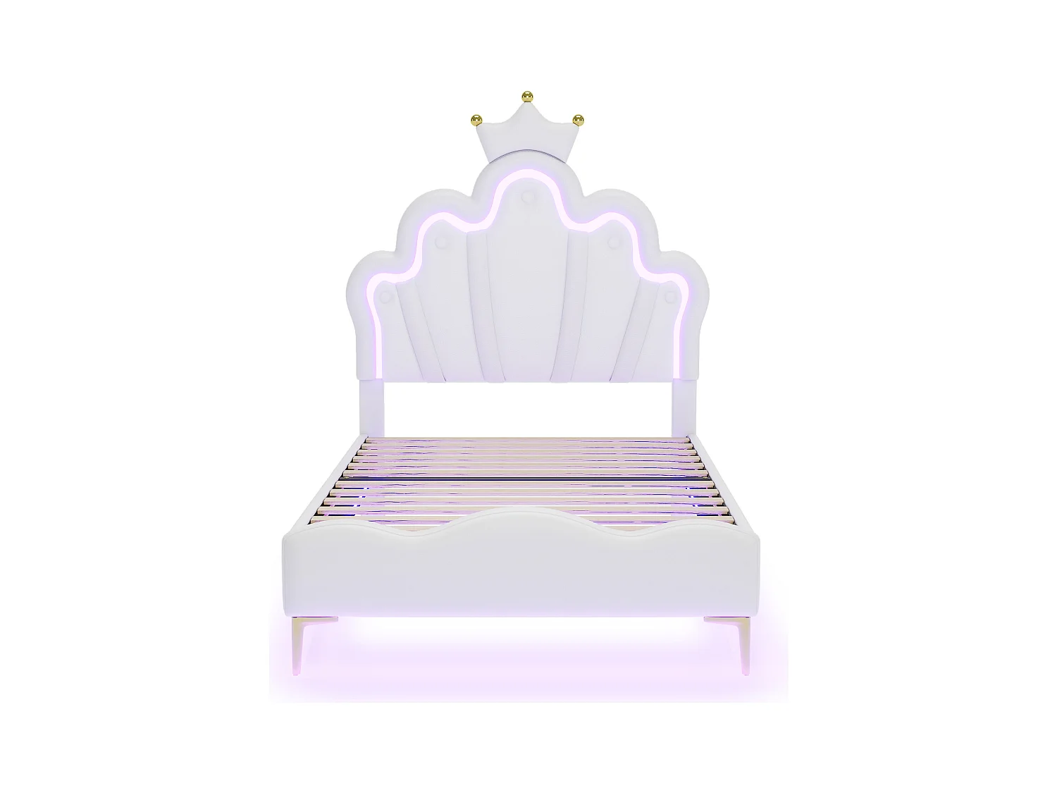 Lit enfant 90x200cm avec LED et tête de lit en forme de couronne, lit princesse en PU blanc, sans matelas