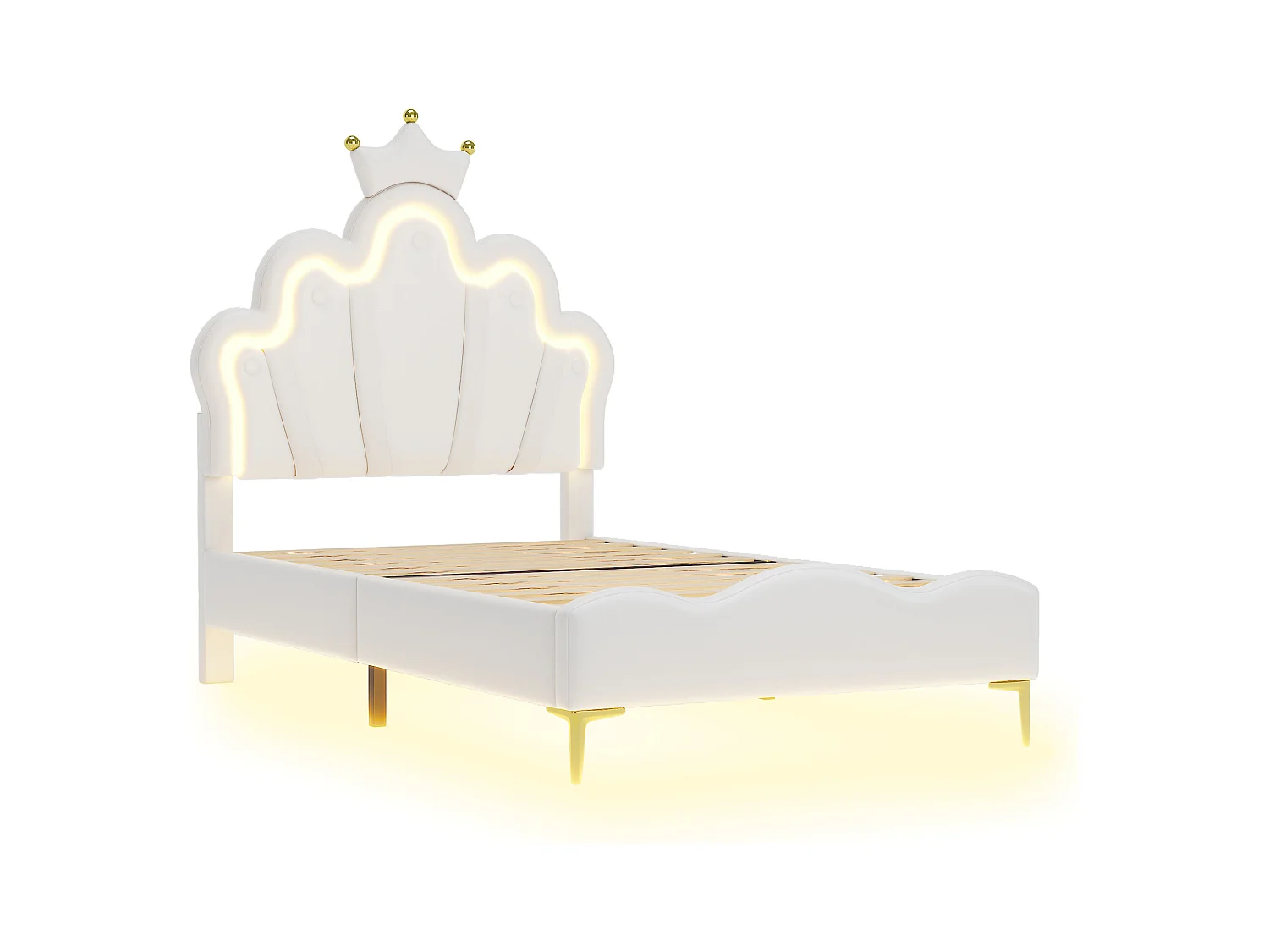 Lit enfant 90x200cm avec LED et tête de lit en forme de couronne, lit princesse en PU blanc, sans matelas