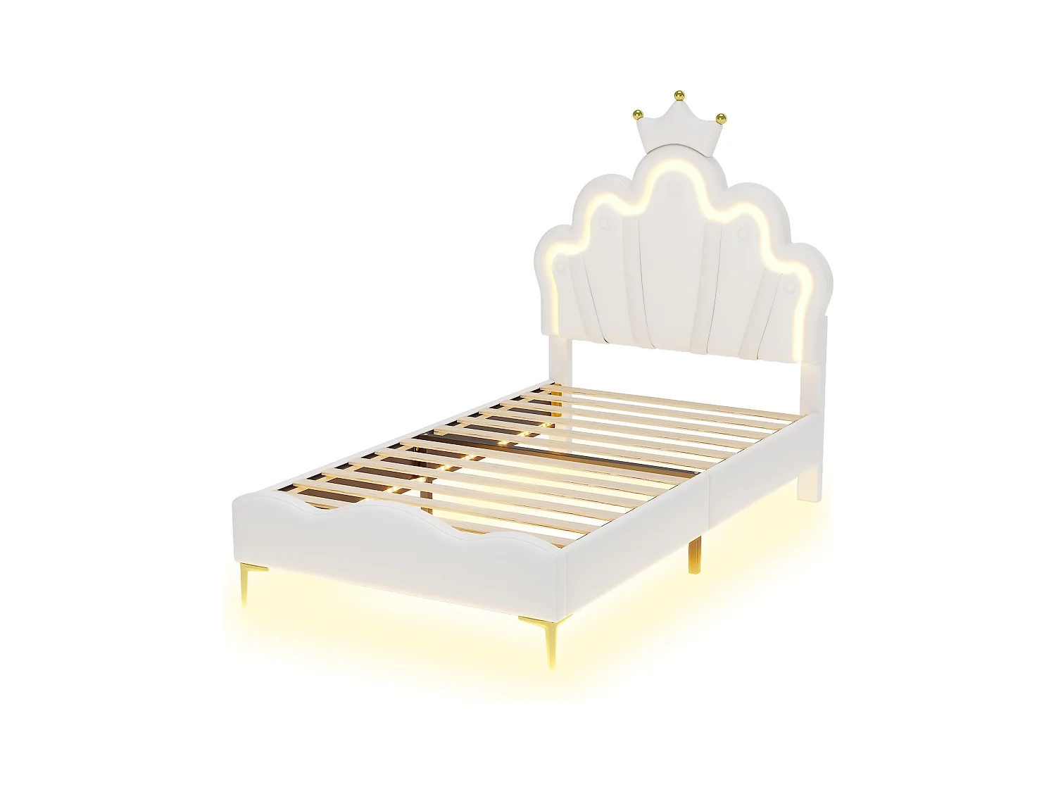 Lit enfant 90x200cm avec LED et tête de lit en forme de couronne, lit princesse en PU blanc, sans matelas