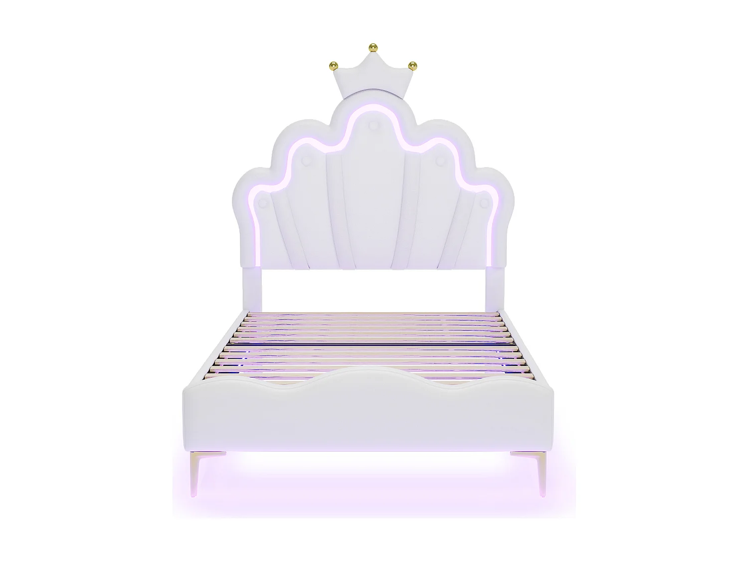 Cama infantil 90x200 cm com LED e cabeceira em forma de coroa, cama princesa PU branca, sem colchão