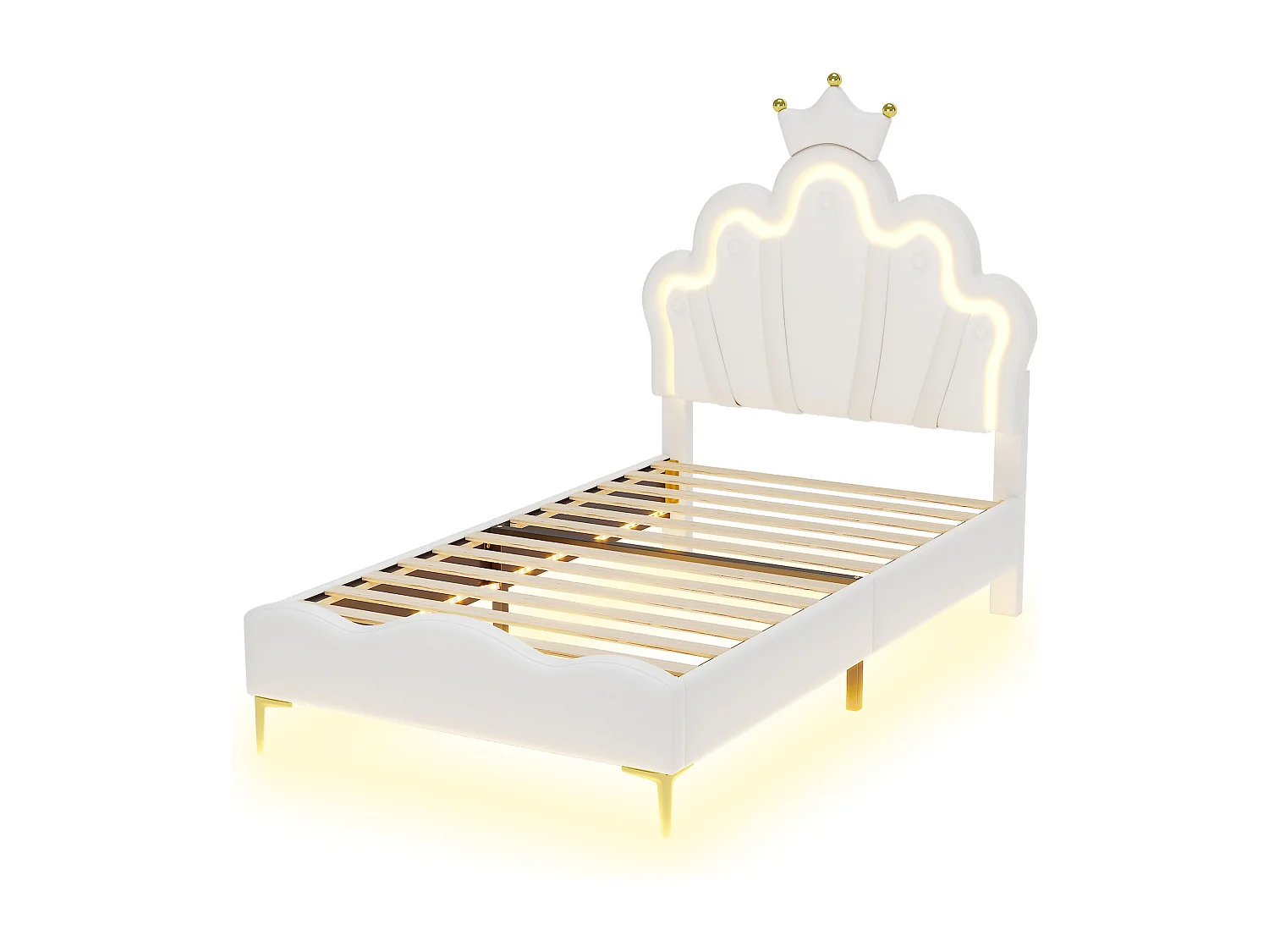 Cama infantil 90x200 cm com LED e cabeceira em forma de coroa, cama princesa PU branca, sem colchão