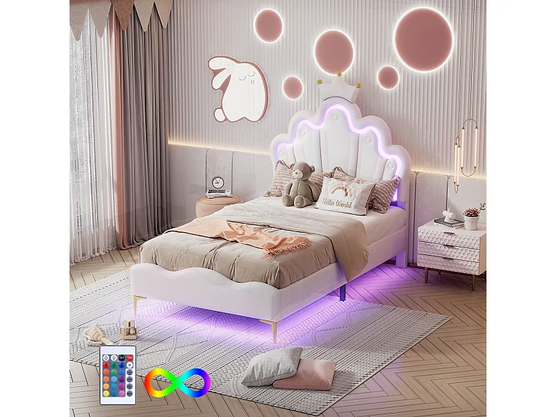 Lit enfant 90x200cm avec LED et tête de lit en forme de couronne, lit princesse en PU blanc, sans matelas