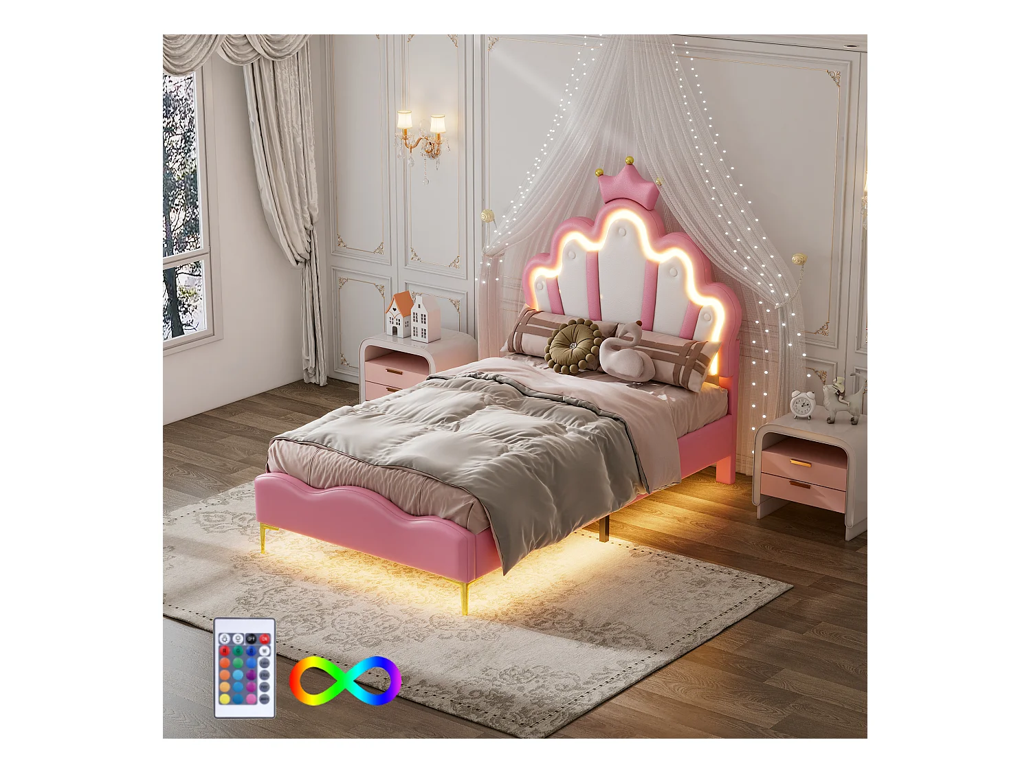 Lit enfant 90x200cm avec LED et tête de lit en forme de couronne, lit princesse en PU rose, sans matelas