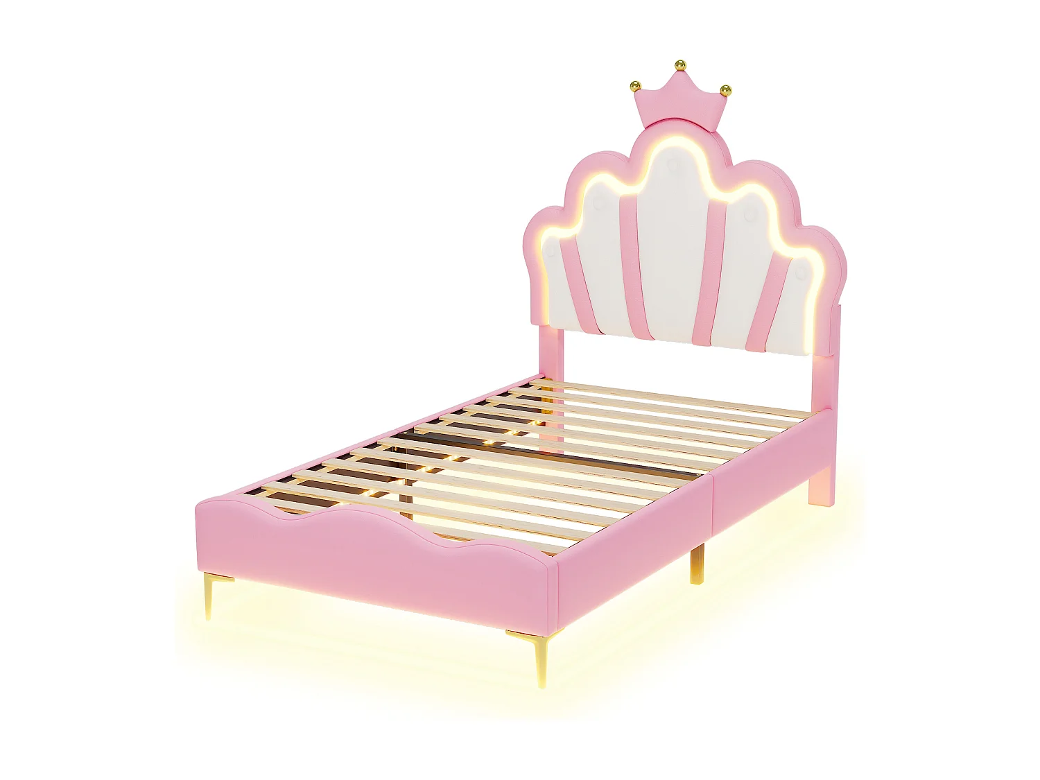Lit enfant 90x200cm avec LED et tête de lit en forme de couronne, lit princesse en PU rose, sans matelas