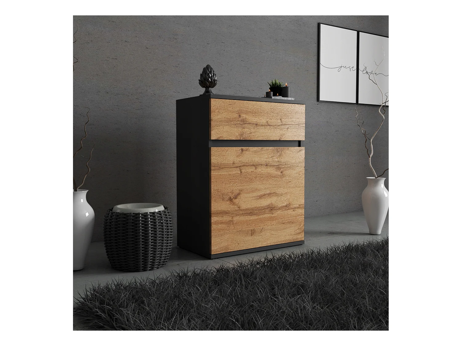 Commode design Noir + Chêne Wotan avec tiroir et porte – 60x35x78 cm- style loft