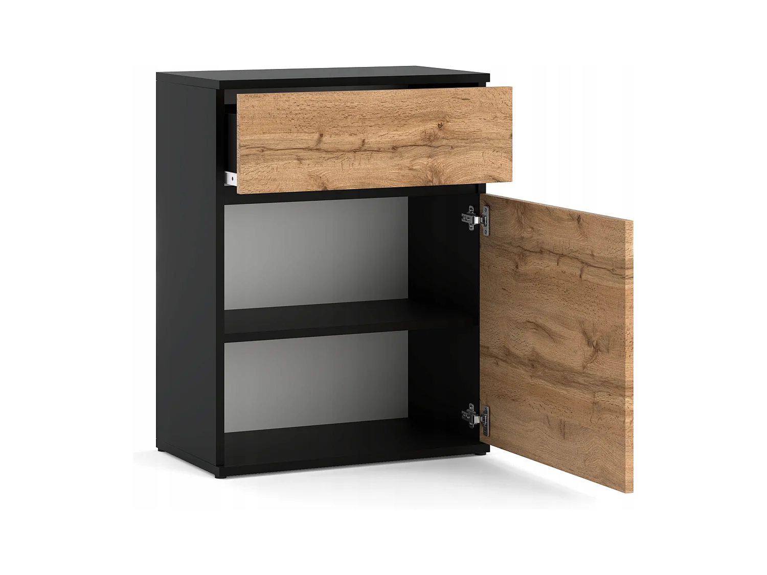 Commode design Noir + Chêne Wotan avec tiroir et porte – 60x35x78 cm- style loft