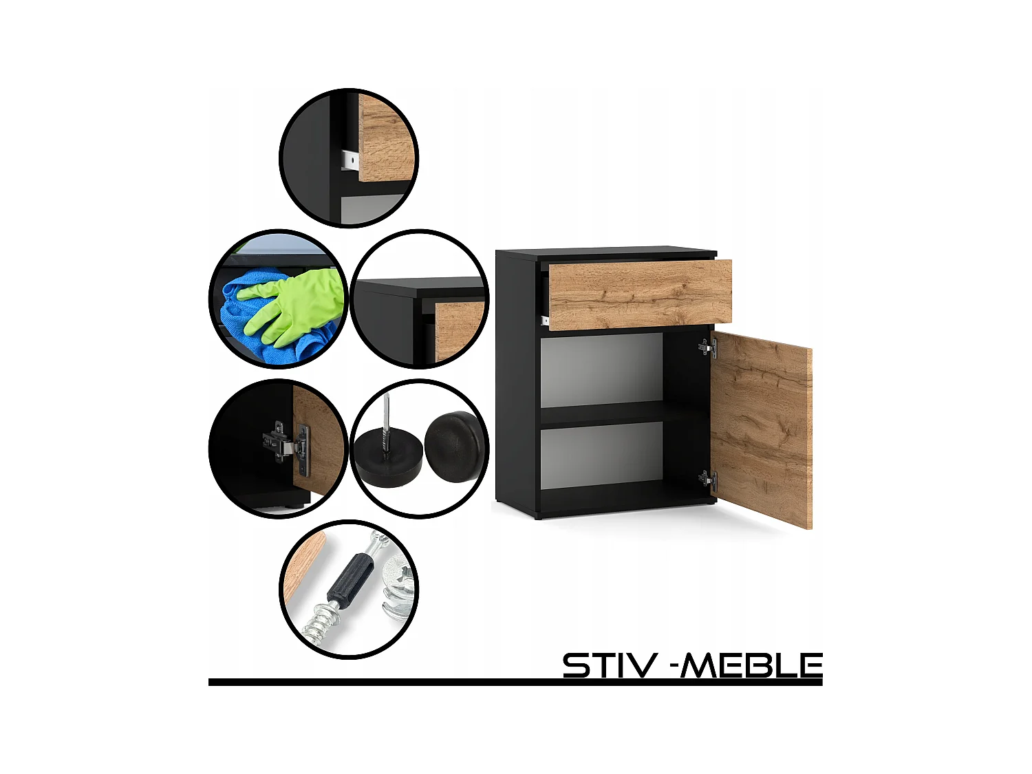 Commode design Noir + Chêne Wotan avec tiroir et porte – 60x35x78 cm- style loft