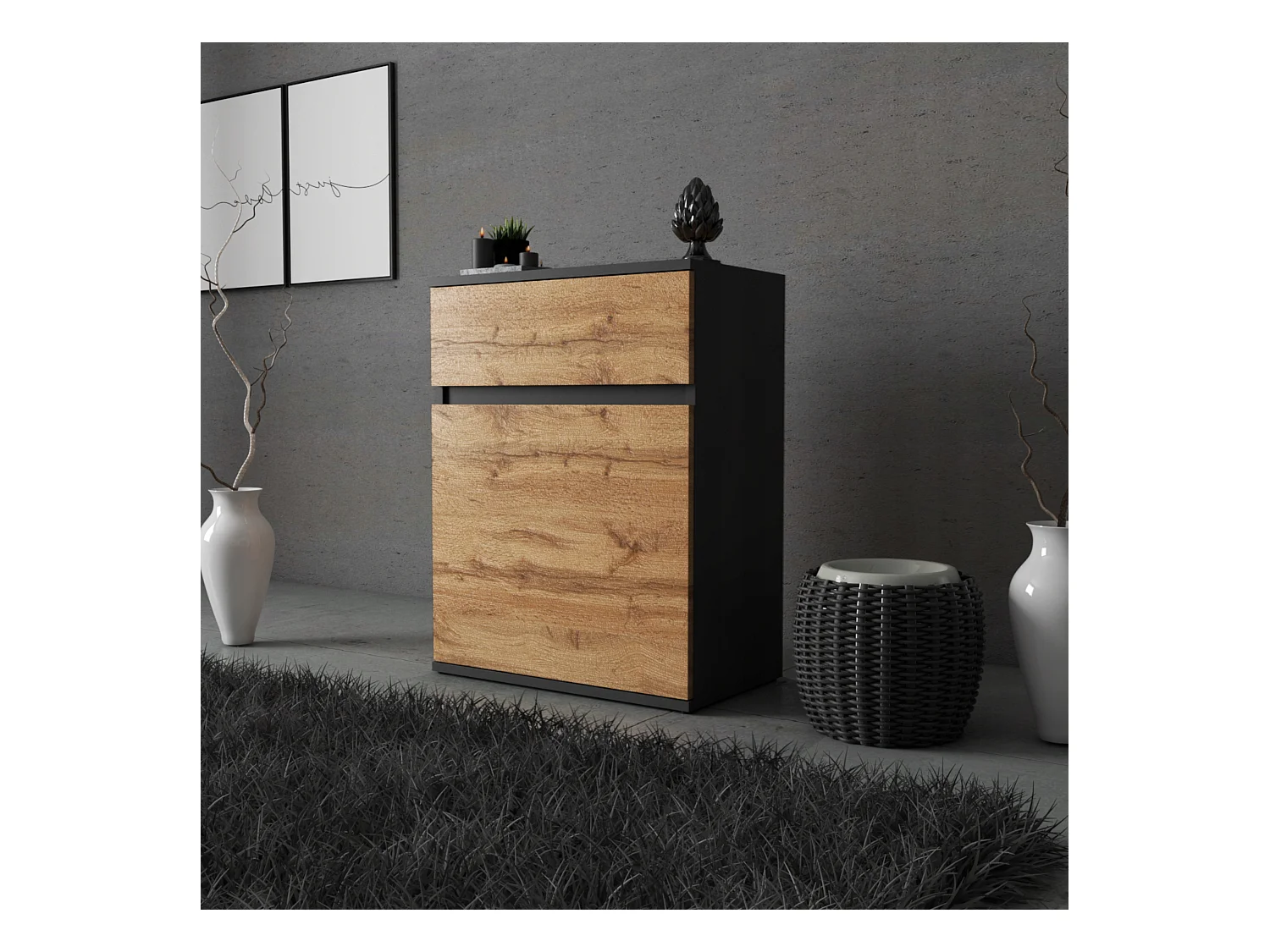 Commode design Noir + Chêne Wotan avec tiroir et porte – 60x35x78 cm- style loft