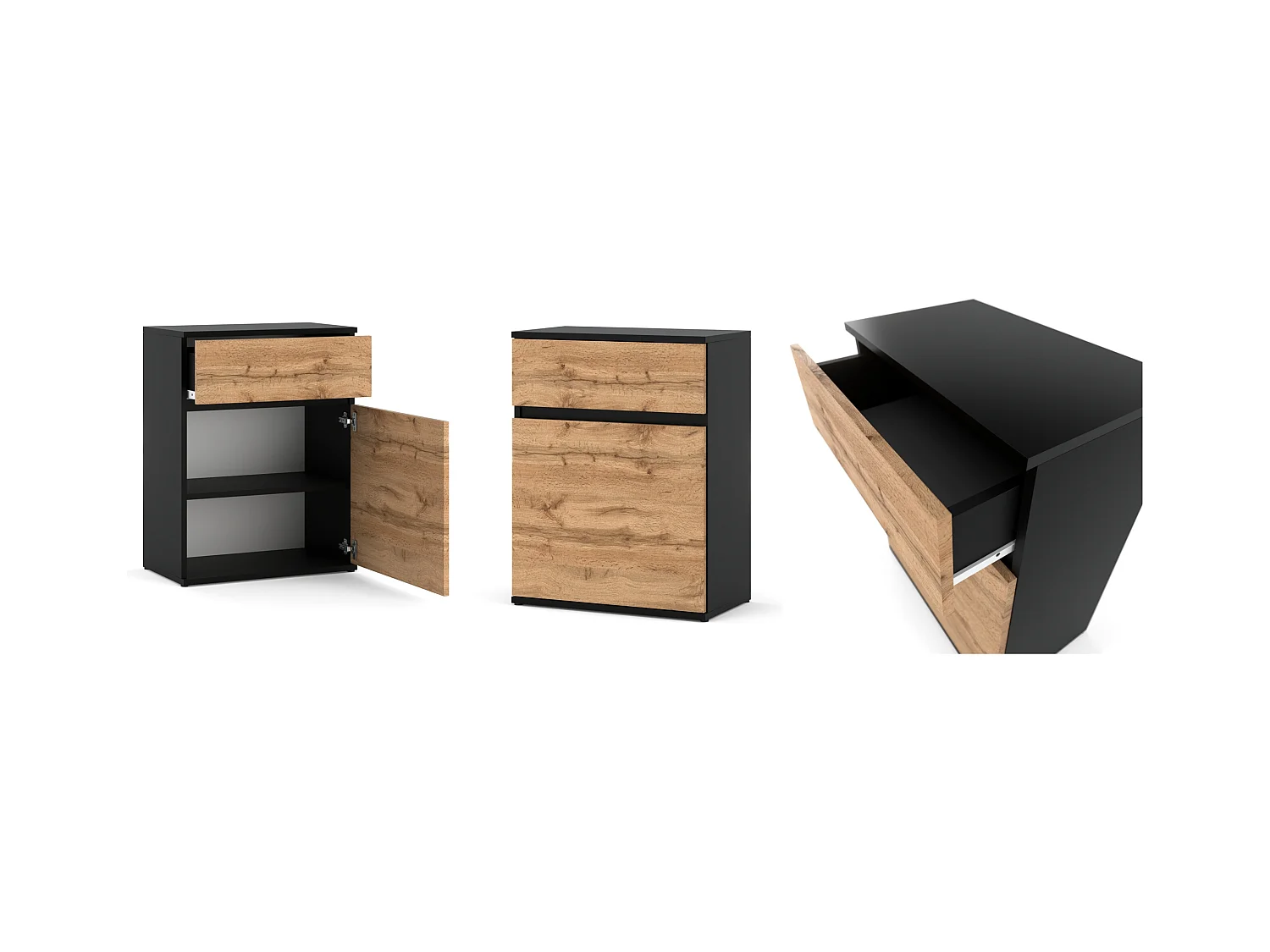 Commode design Noir + Chêne Wotan avec tiroir et porte – 60x35x78 cm- style loft