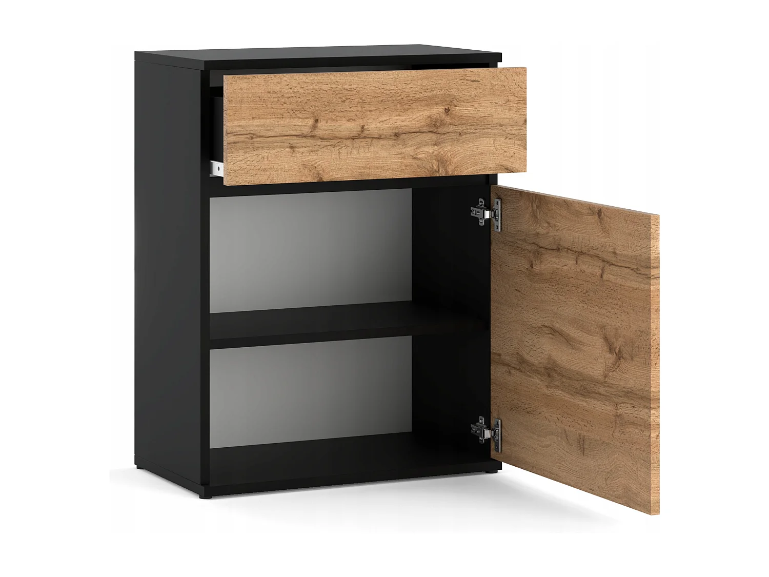 Commode design Noir + Chêne Wotan avec tiroir et porte – 60x35x78 cm- style loft