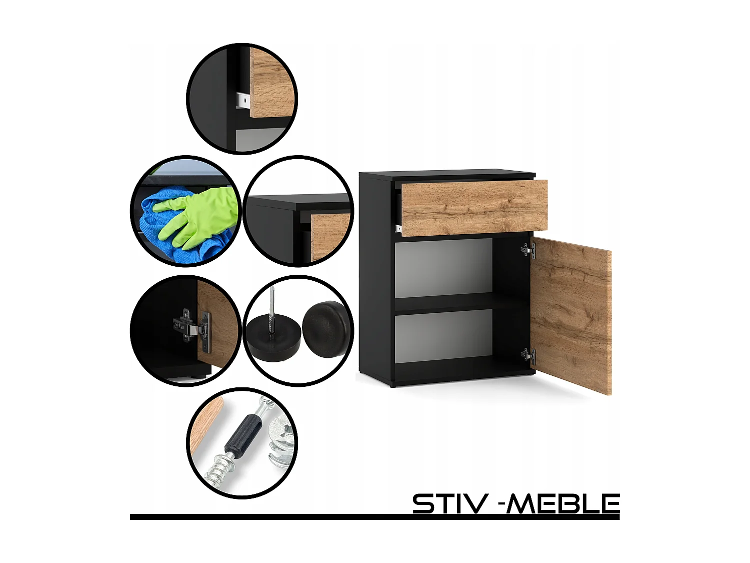 Commode design Noir + Chêne Wotan avec tiroir et porte – 60x35x78 cm- style loft