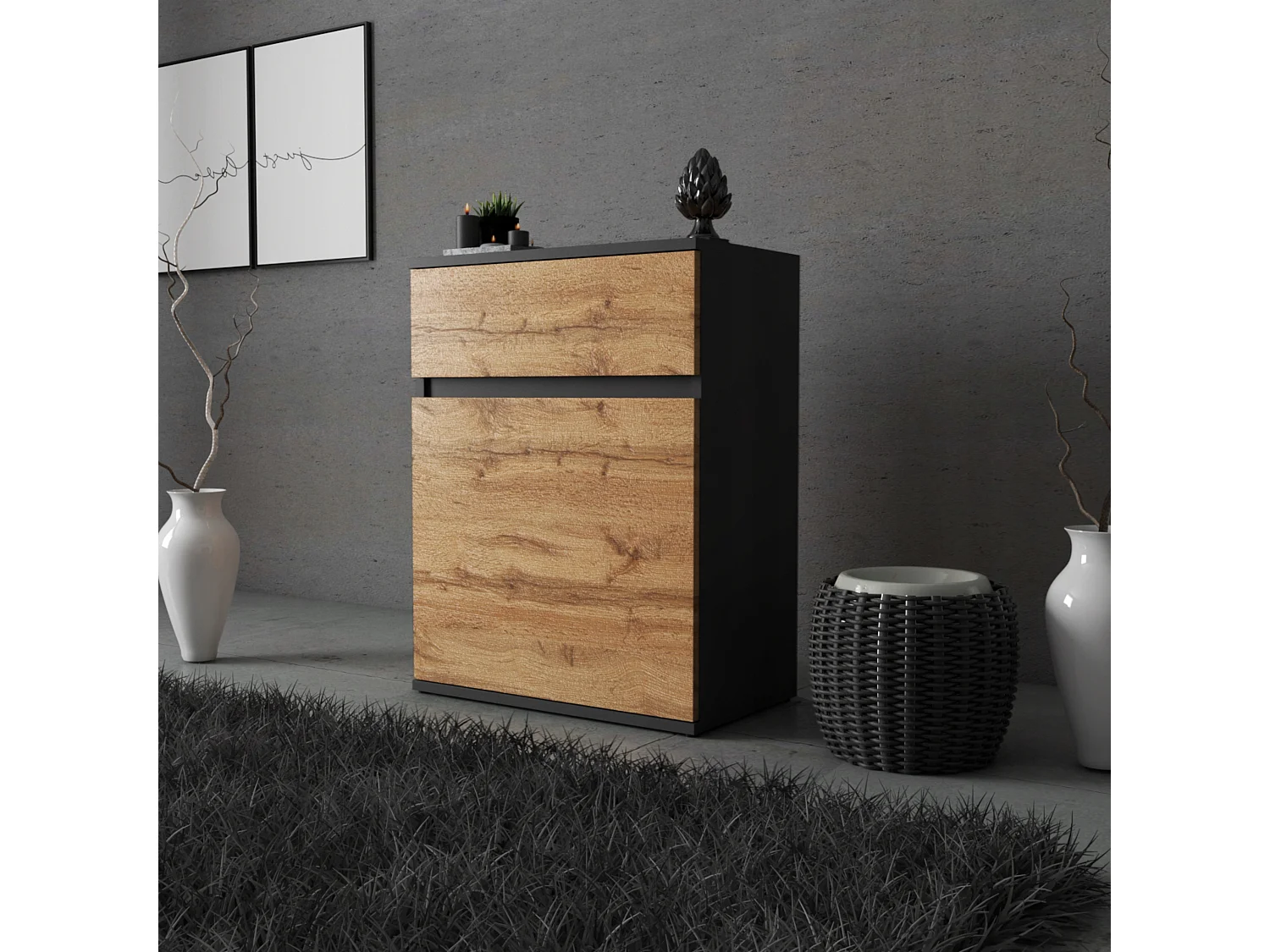 Commode design Noir + Chêne Wotan avec tiroir et porte – 60x35x78 cm- style loft