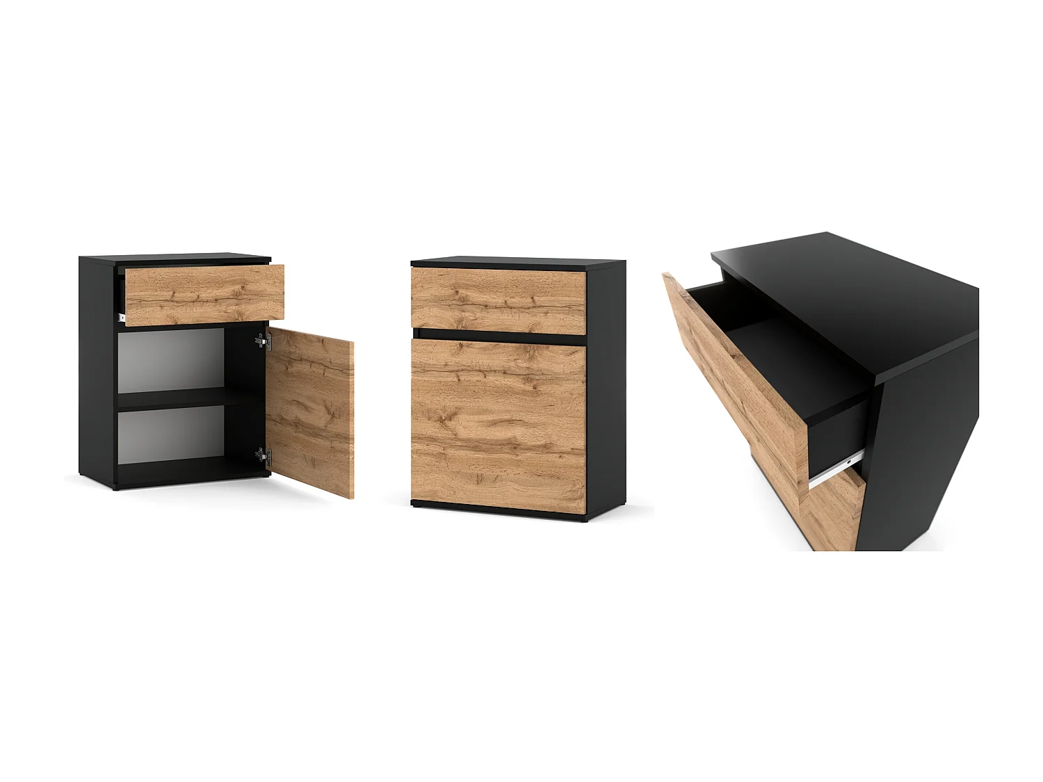 Commode design Noir + Chêne Wotan avec tiroir et porte – 60x35x78 cm- style loft