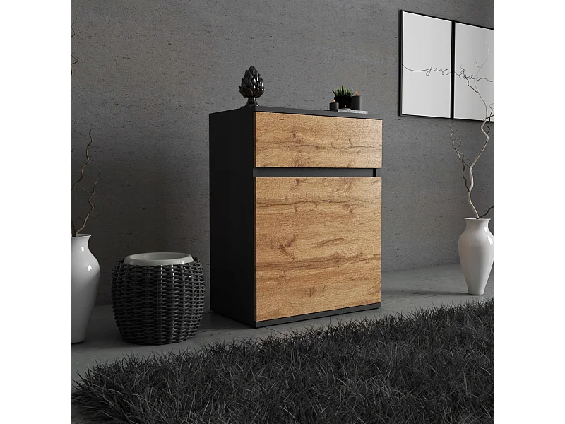 Commode design Noir + Chêne Wotan avec tiroir et porte – 60x35x78 cm- style loft