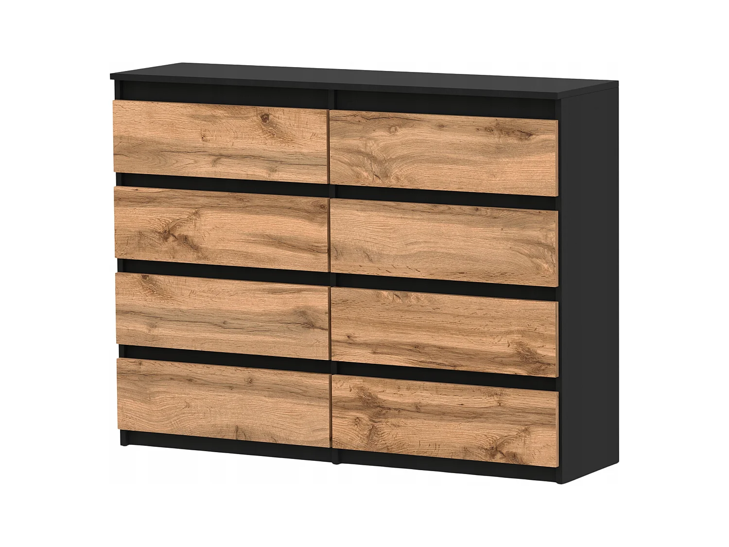 Commode moderne 120 cm Noir mat & Chêne Wotan – 8 tiroirs, grand meuble de rangement pour salon