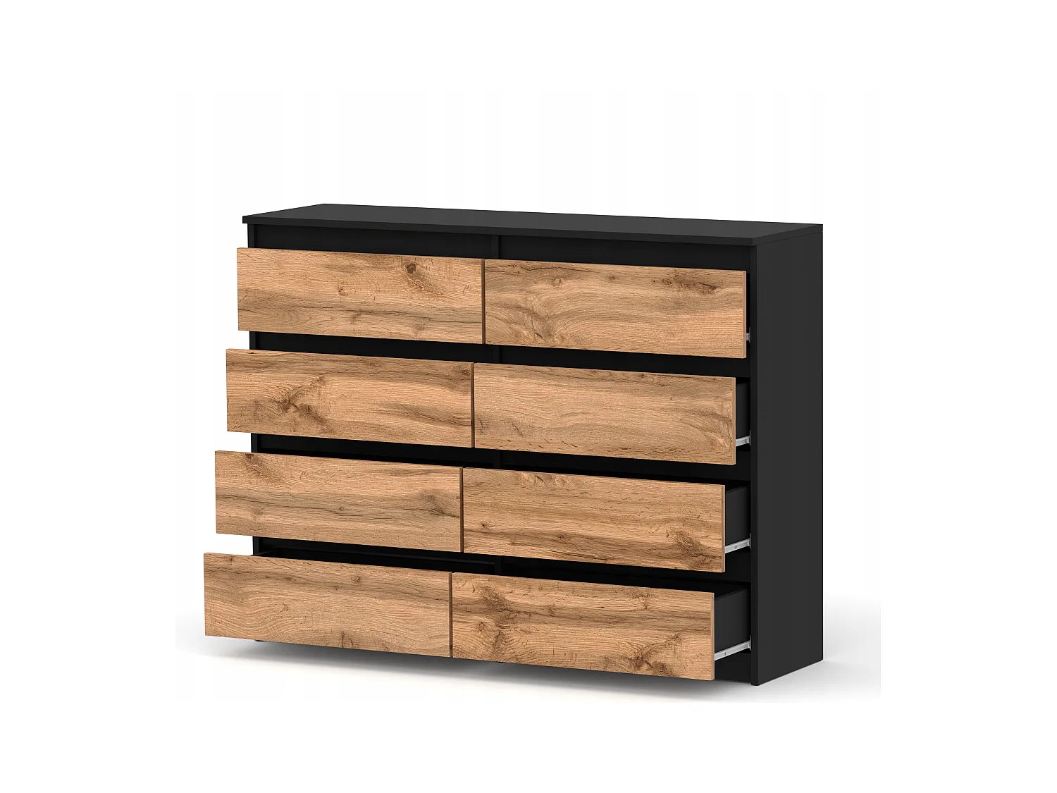 Commode moderne 120 cm Noir mat & Chêne Wotan – 8 tiroirs, grand meuble de rangement pour salon