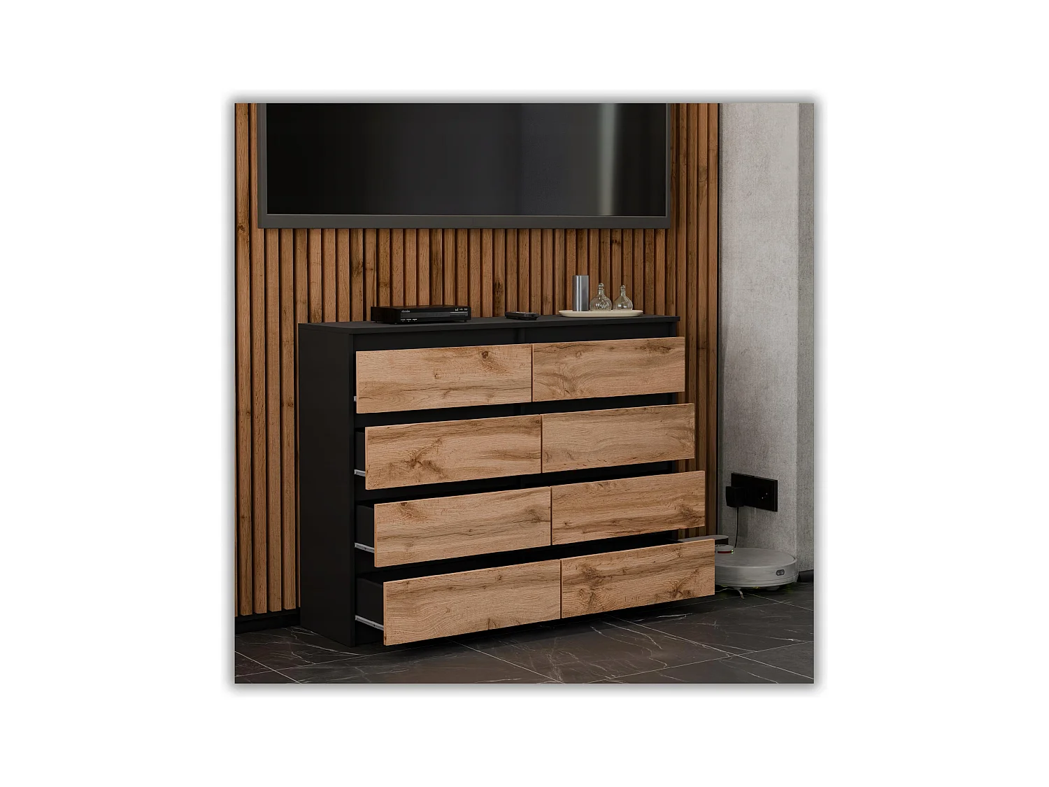 Commode moderne 120 cm Noir mat & Chêne Wotan – 8 tiroirs, grand meuble de rangement pour salon
