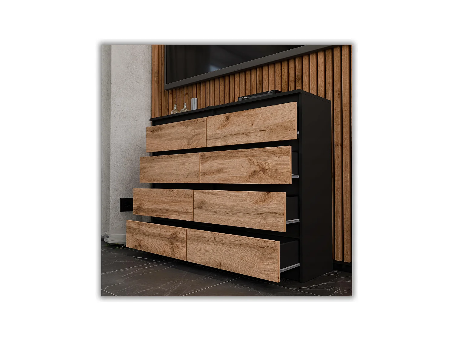 Commode moderne 120 cm Noir mat & Chêne Wotan – 8 tiroirs, grand meuble de rangement pour salon