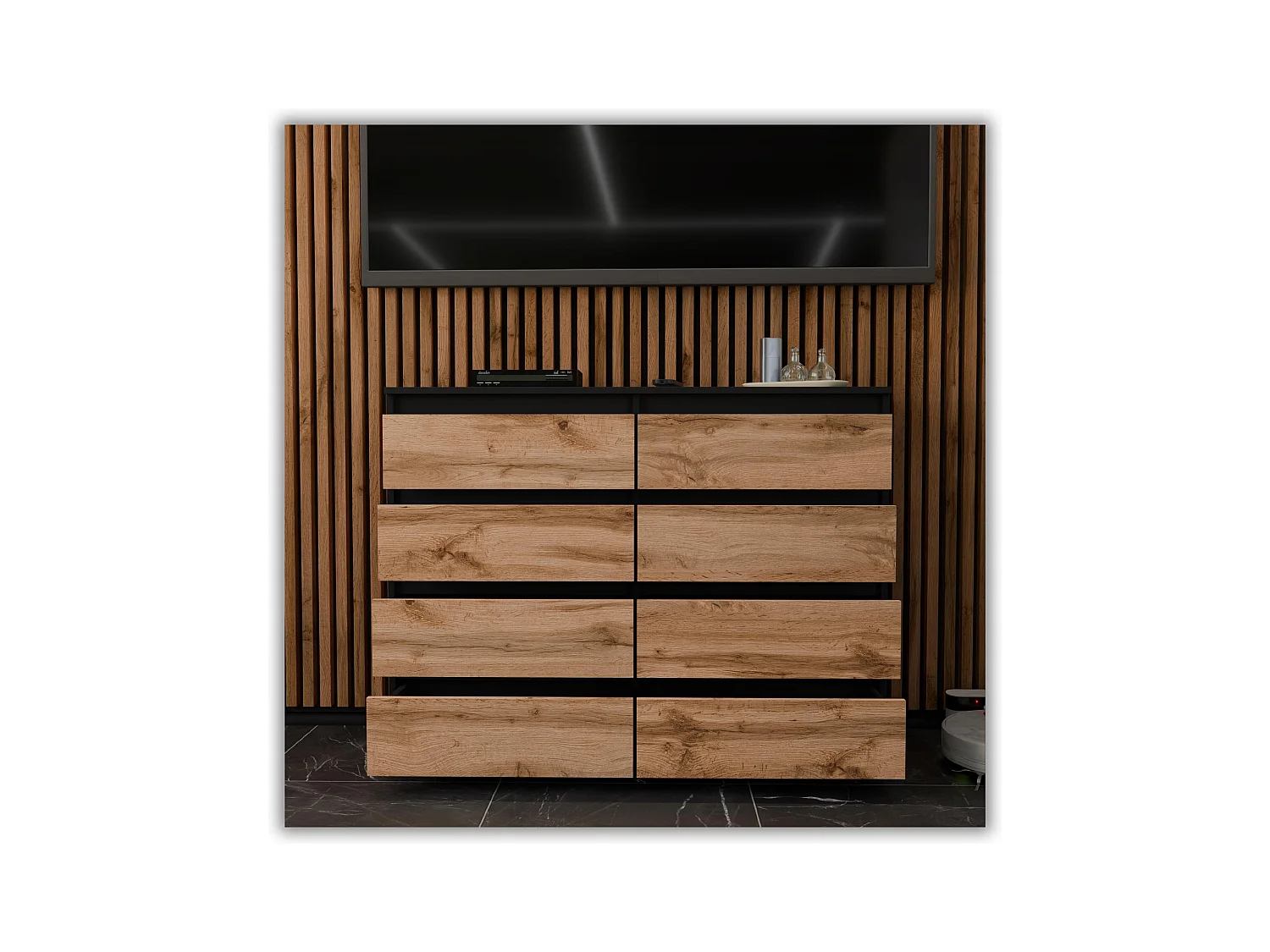 Commode moderne 120 cm Noir mat & Chêne Wotan – 8 tiroirs, grand meuble de rangement pour salon