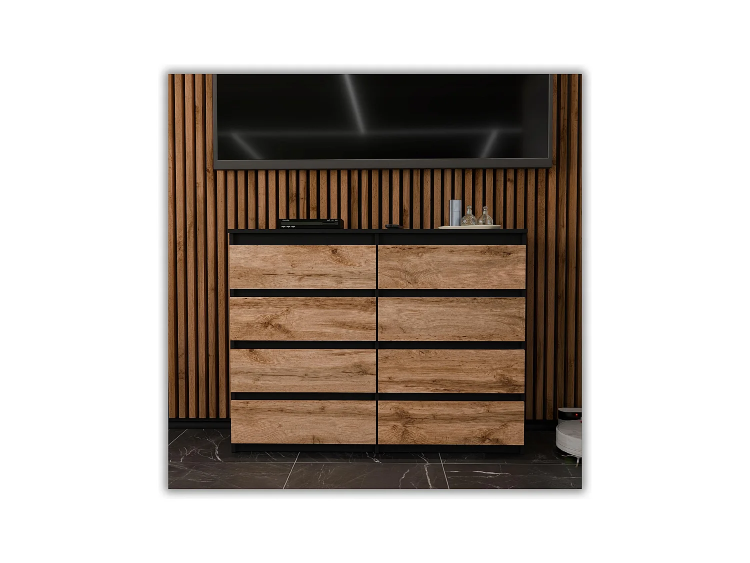 Commode moderne 120 cm Noir mat & Chêne Wotan – 8 tiroirs, grand meuble de rangement pour salon
