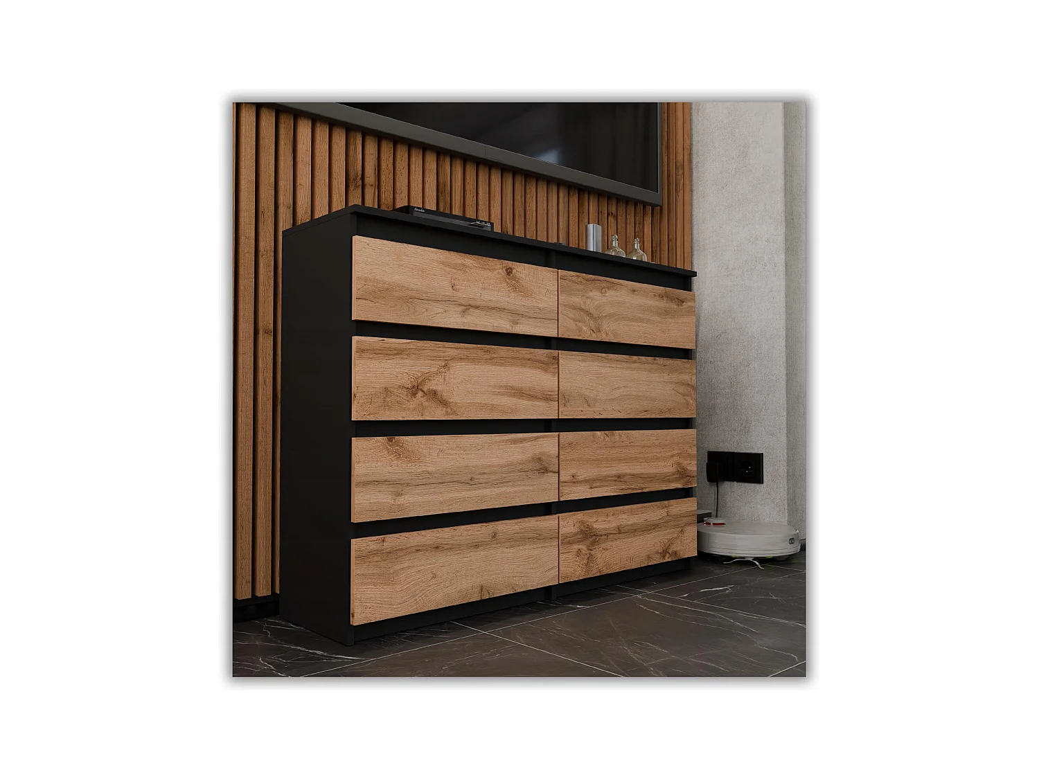 Commode moderne 120 cm Noir mat & Chêne Wotan – 8 tiroirs, grand meuble de rangement pour salon