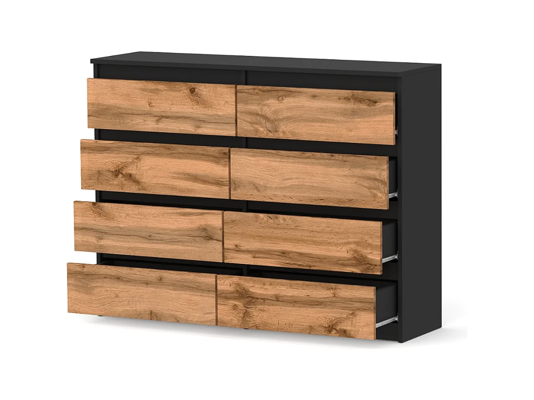 Commode moderne 120 cm Noir mat & Chêne Wotan – 8 tiroirs, grand meuble de rangement pour salon