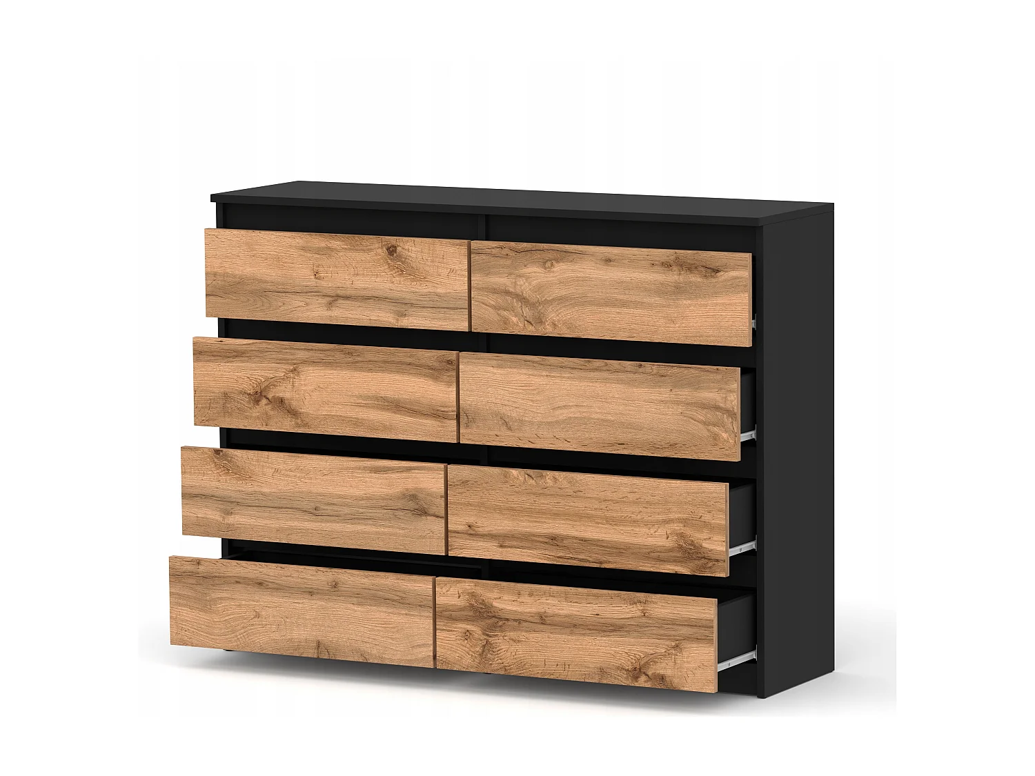 Moderne commode van 120 cm in matzwart en Wotan eiken – 8 lades, groot opbergmeubel voor de woonkamer