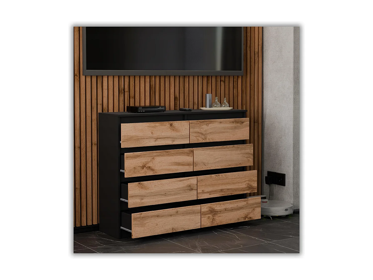 Moderne commode van 120 cm in matzwart en Wotan eiken – 8 lades, groot opbergmeubel voor de woonkamer