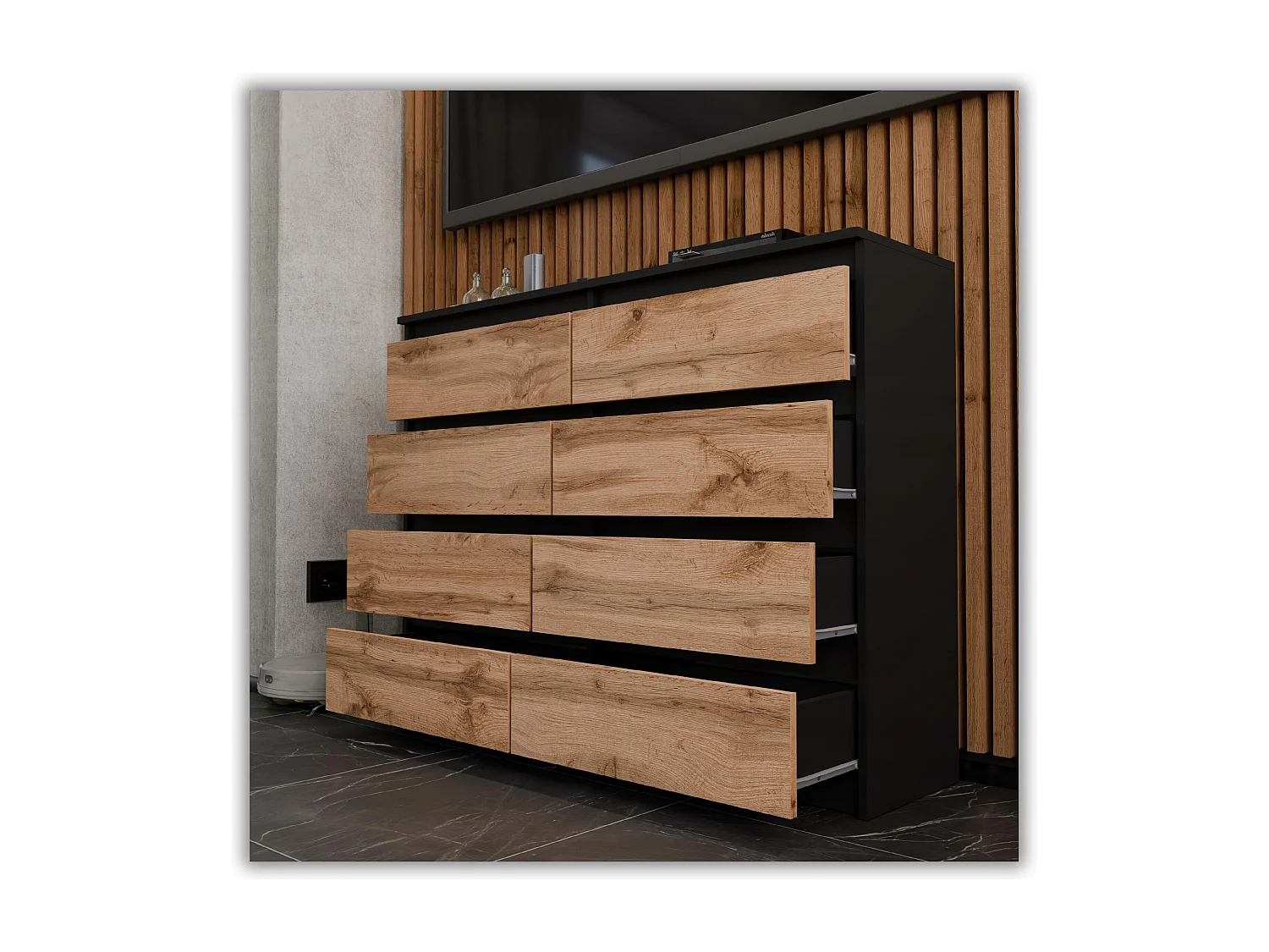 Moderne commode van 120 cm in matzwart en Wotan eiken – 8 lades, groot opbergmeubel voor de woonkamer