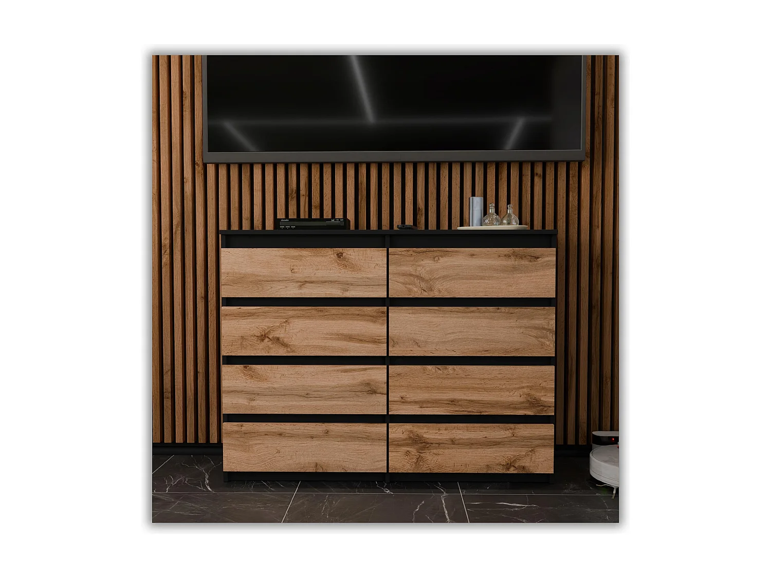 Moderne commode van 120 cm in matzwart en Wotan eiken – 8 lades, groot opbergmeubel voor de woonkamer