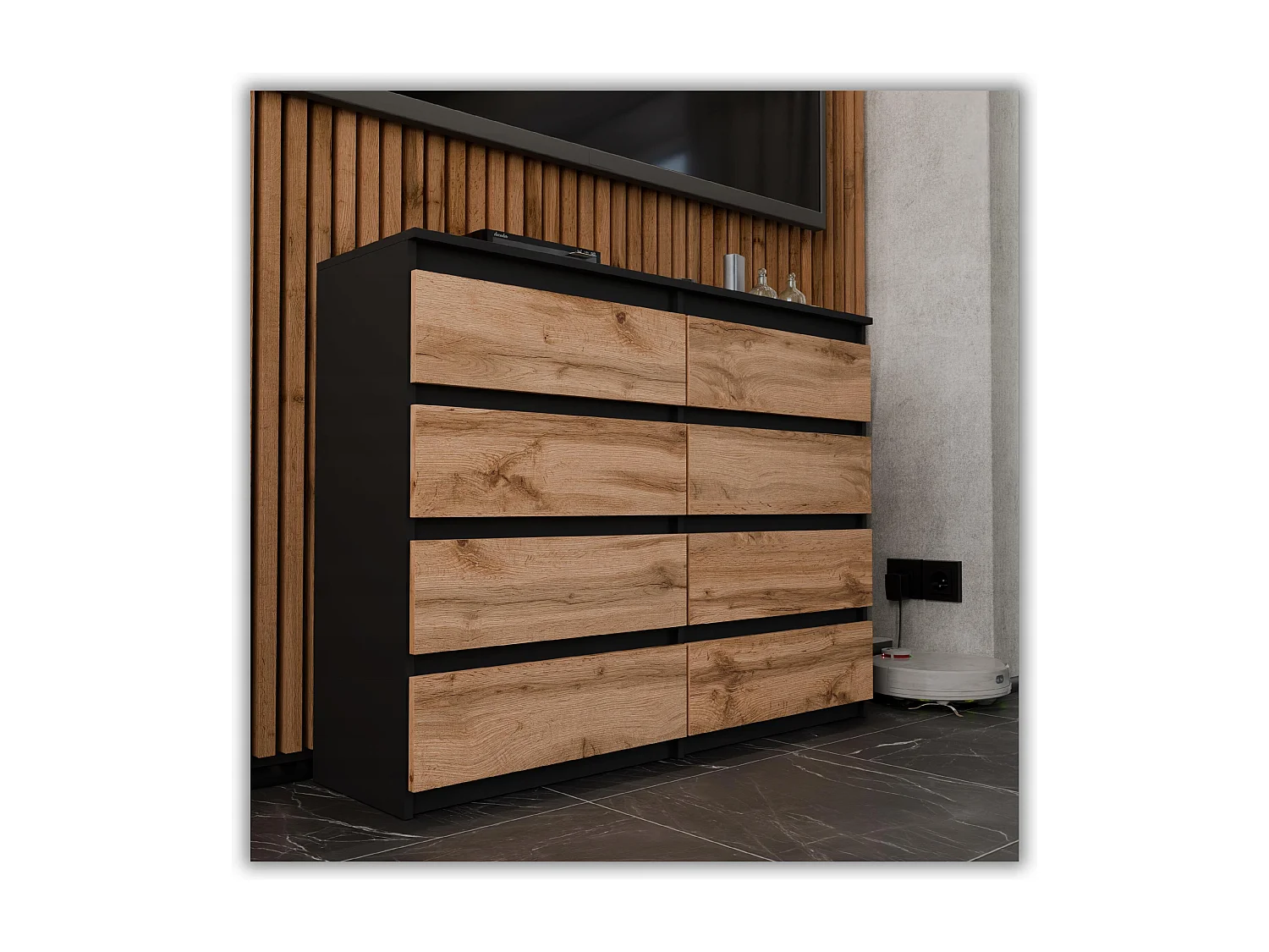 Moderne commode van 120 cm in matzwart en Wotan eiken – 8 lades, groot opbergmeubel voor de woonkamer