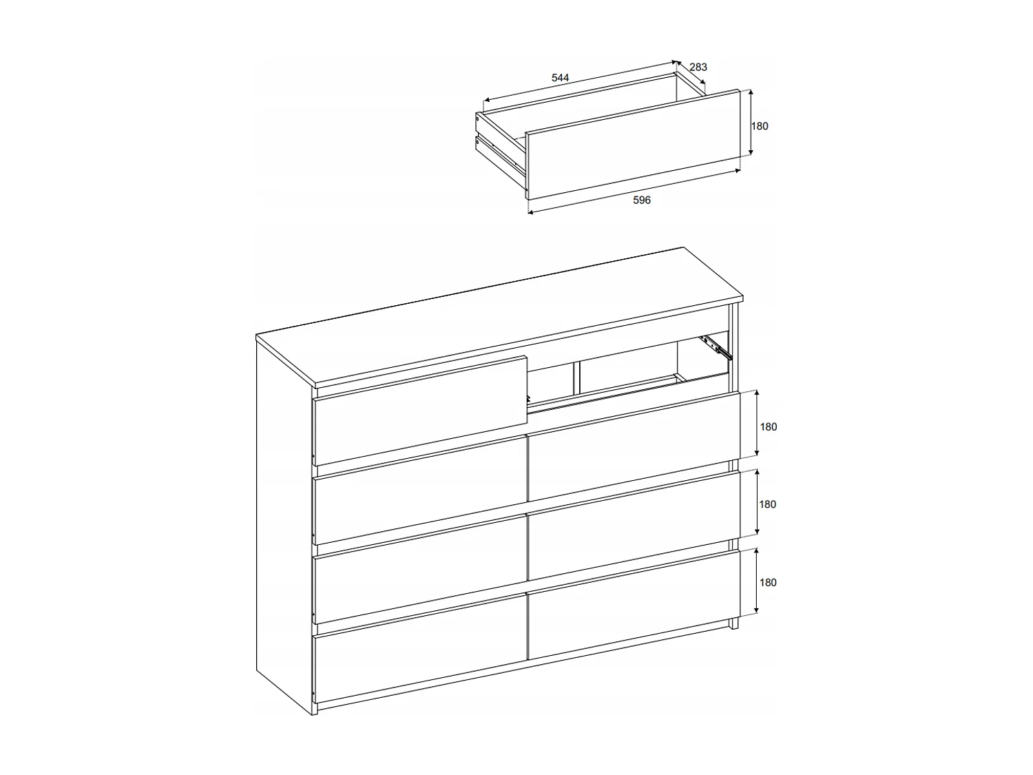 Moderne commode van 120 cm in matzwart en Wotan eiken – 8 lades, groot opbergmeubel voor de woonkamer