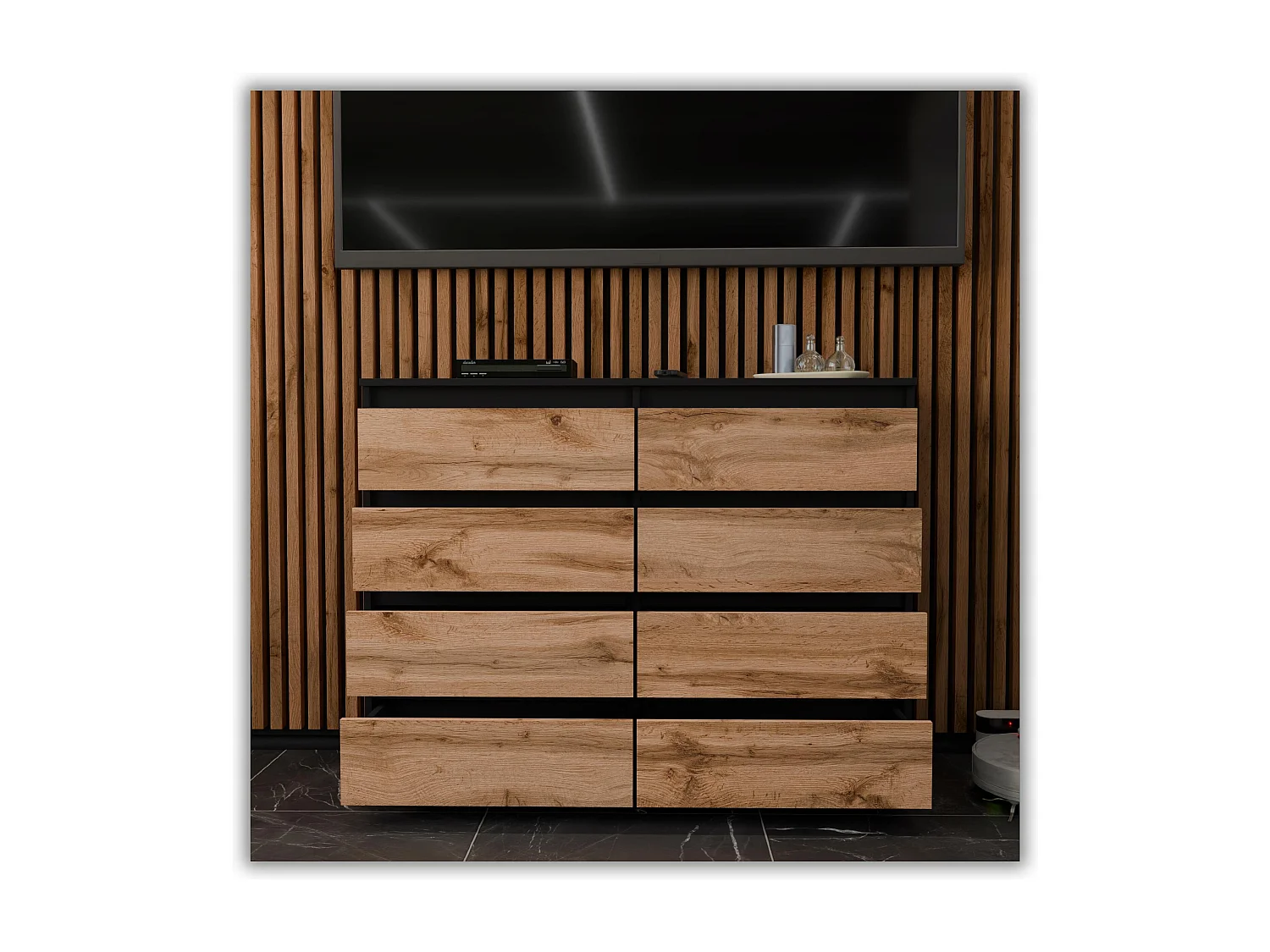 Moderne commode van 120 cm in matzwart en Wotan eiken – 8 lades, groot opbergmeubel voor de woonkamer