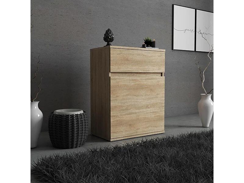 Commode design Chêne Sonoma avec tiroir et porte – 60x35x78 cm- style boho