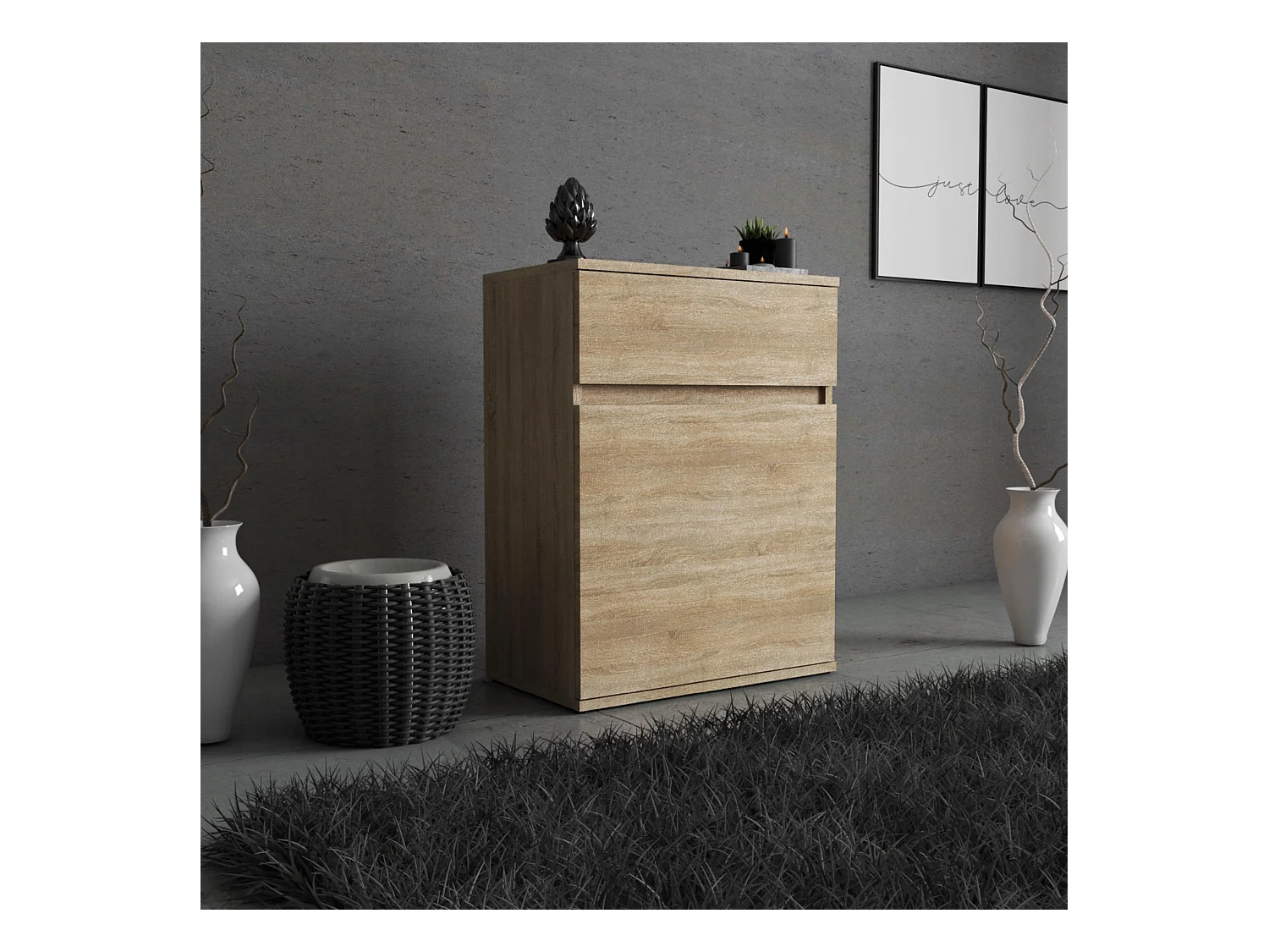 Commode design Chêne Sonoma avec tiroir et porte – 60x35x78 cm- style boho