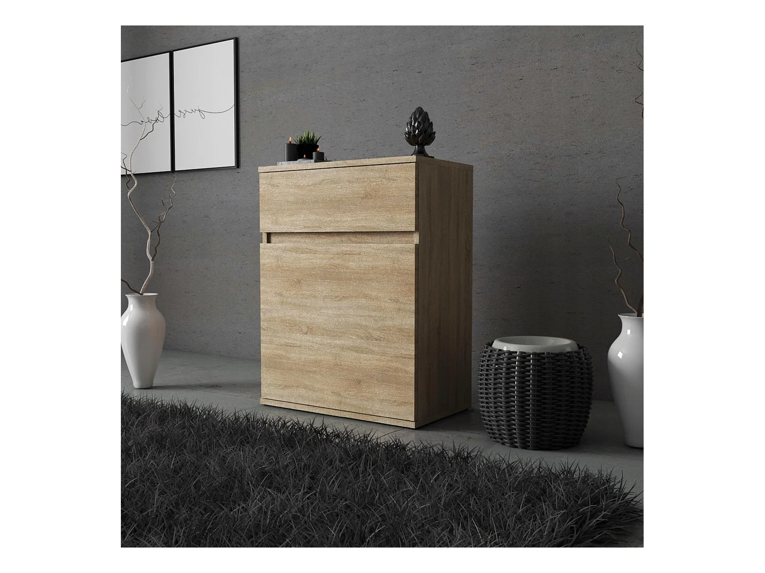 Commode design Chêne Sonoma avec tiroir et porte – 60x35x78 cm- style boho