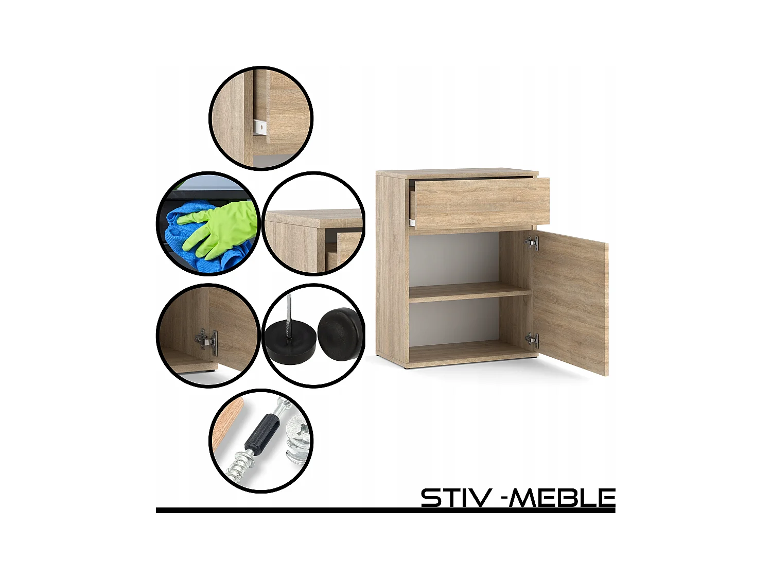 Commode design Chêne Sonoma avec tiroir et porte – 60x35x78 cm- style boho