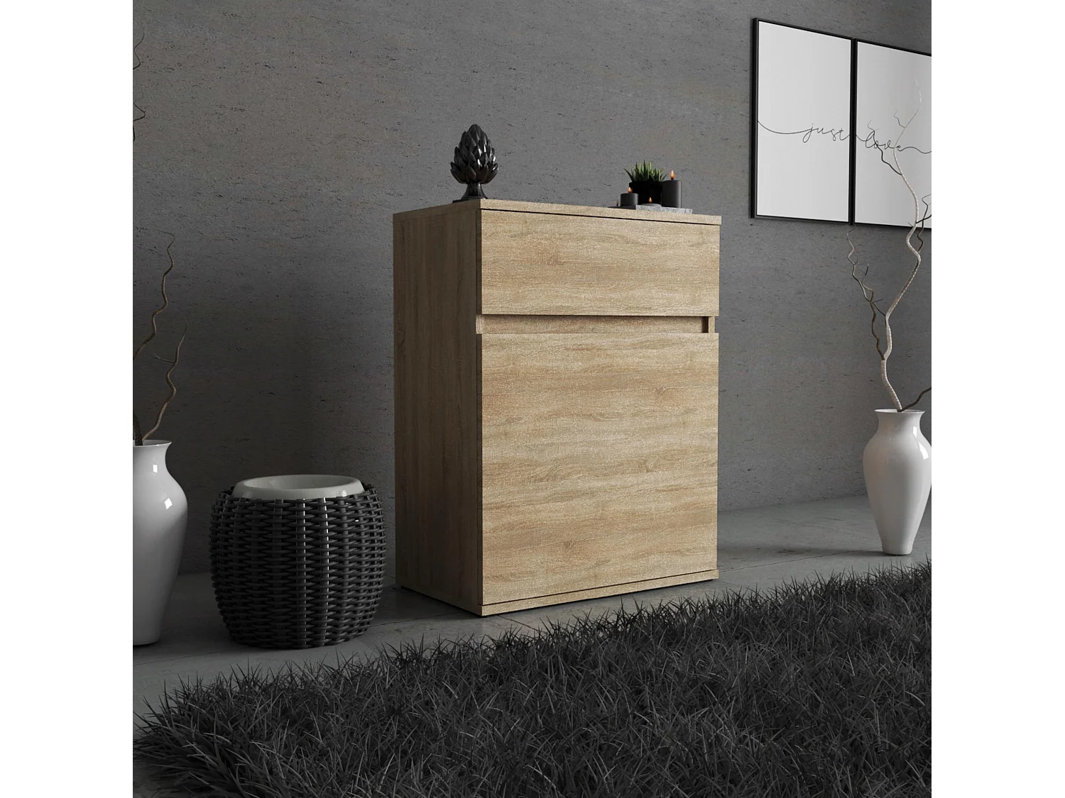 Commode design Chêne Sonoma avec tiroir et porte – 60x35x78 cm- style boho