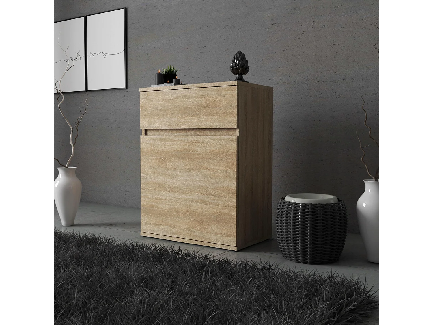 Commode design Chêne Sonoma avec tiroir et porte – 60x35x78 cm- style boho