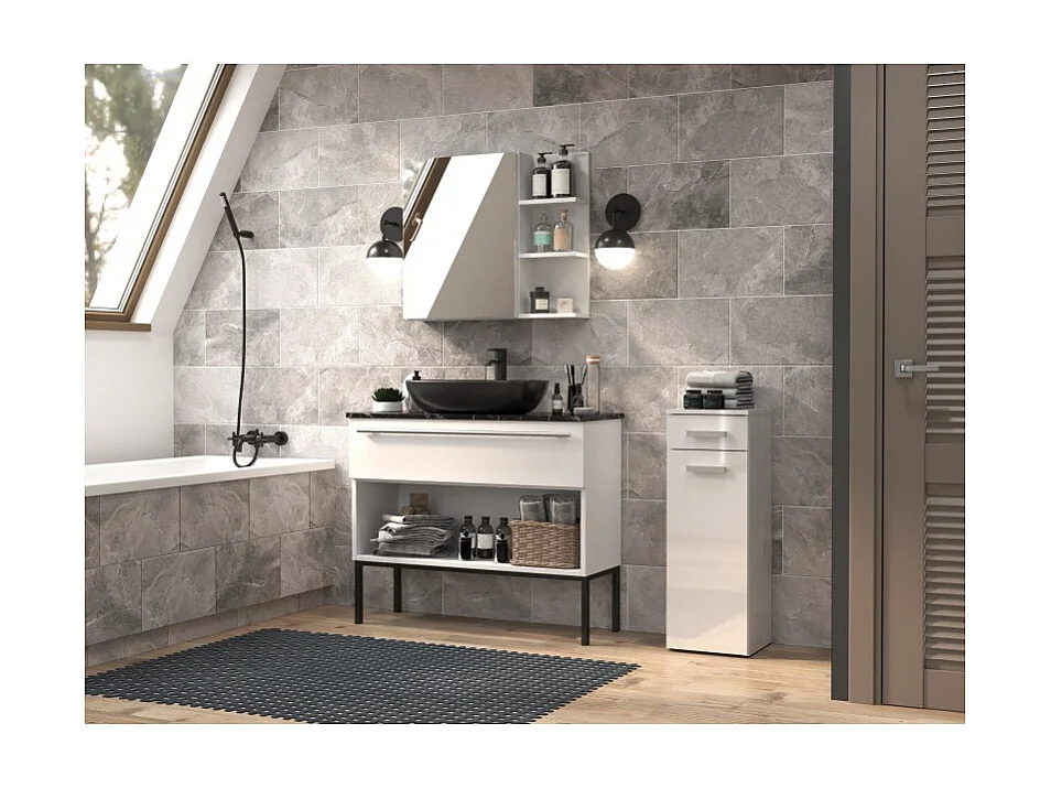 Słupek Łazienkowy Nel V DS | Biały Połysk| 30x30x85 cm |  1 Drzwiczki, 1 Szuflada