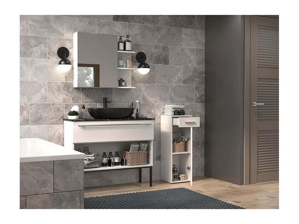 Słupek Łazienkowy Nel V DS | Biały Połysk| 30x30x85 cm |  1 Drzwiczki, 1 Szuflada