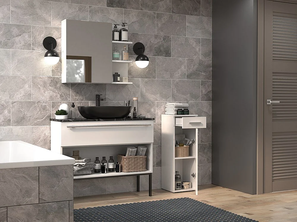 Słupek Łazienkowy Nel V DS | Biały Połysk| 30x30x85 cm |  1 Drzwiczki, 1 Szuflada