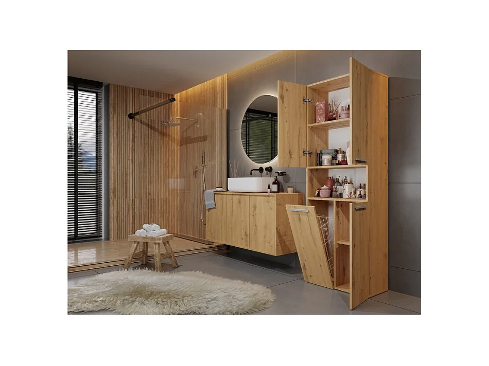 Słupek Łazienkowy Nel 1K DK |  Dąb Artisan | 60x30x174 cm | Regał Z Koszem