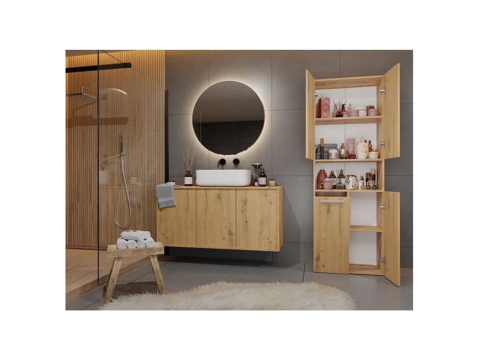 Słupek Łazienkowy Nel 1K DK |  Dąb Artisan | 60x30x174 cm | Regał Z Koszem