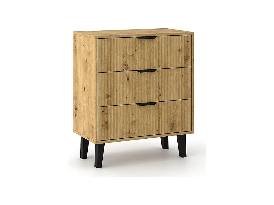 SONIA - Cómoda de 3 cajones con frentes ranurados de estilo escandinavo - 70 x 39 x 81,5 cm - Mueble de almacenamiento - Roble